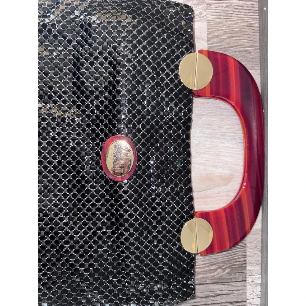 Whiting and Davis Black Metal Mesh Handbag Red Lucite Handle Vintage USA Made